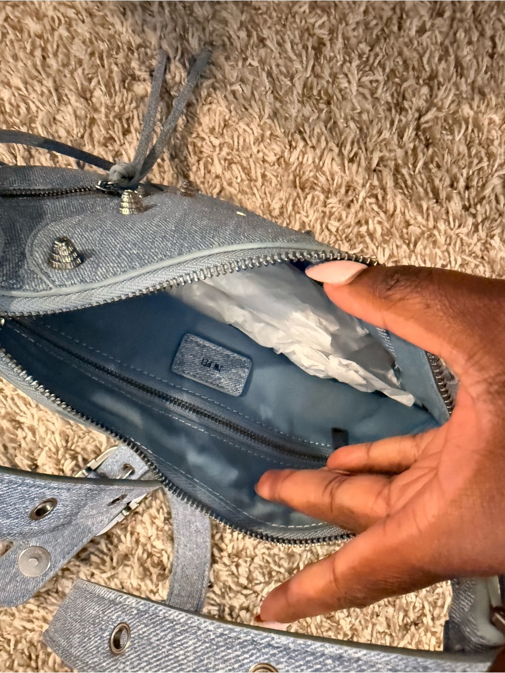 JW PEI Denim-Textured Crescent Shoulder Bag with Stud Accents - Picture 3 of 3
